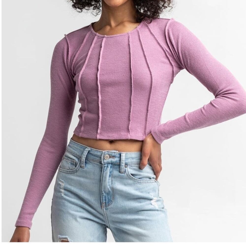 RSQ Womens Lavender Exposed Seam Cropped Long Sleeve Tee Soft Cotton Blend SZ XL
